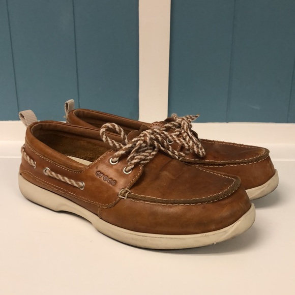 Crocs Women's Size 7 Leather upper Tie 2 eye Deck boating loafers Shoes - Picture 3 of 6